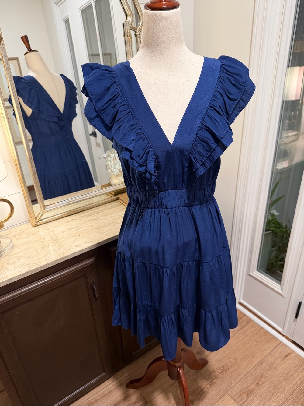 Navy Ruffle V-Neck Tiered Dress